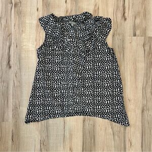 NY Collection Black and White Geometric Ruffle Front Blouse - Size Medium
